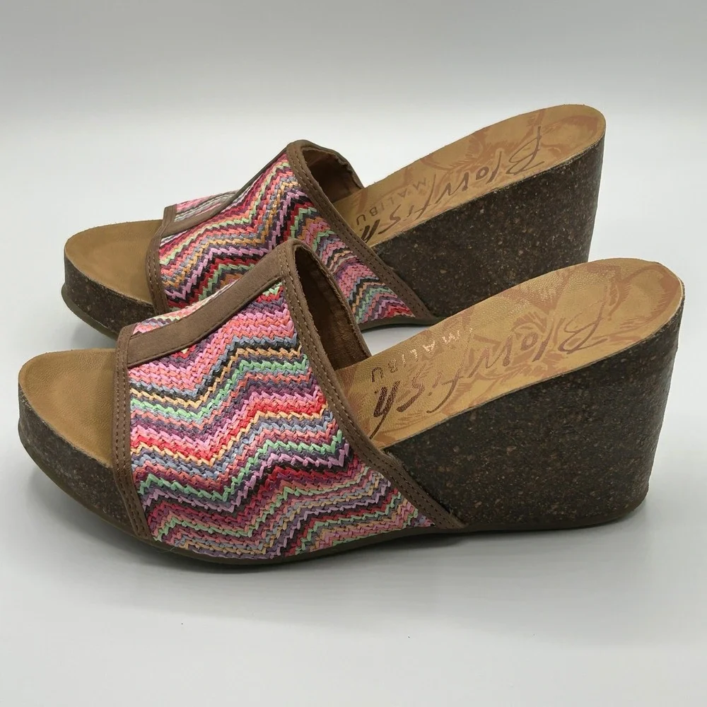 Blowfish Malibu B138 Multi Chevron Woven Cork Wedge Slide Sandals 8.5 Boho Retro